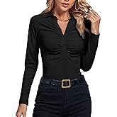 LYANER Women's Rib Knit Collar Deep V Neck Ruched Buttons Long Sleeve Bodysuit Leotard Top