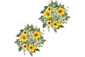 WELL KNOWN 2 Pcs Mini Spring Floral Candle Rings Wreaths for Pillars Home Table Window Decor, 9 Inches Artificial Flower Cabinet Wreath for Kitchen Farmhouse Wedding Party (Yellow Sunflower)