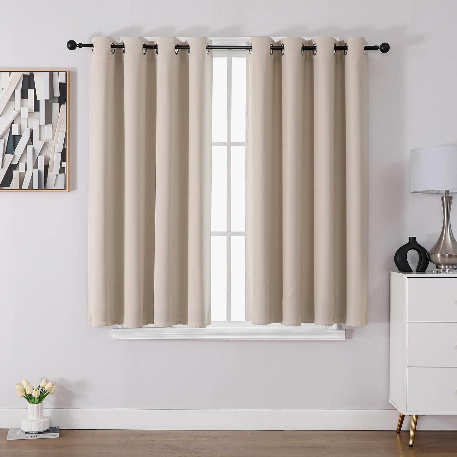CUCRAF Blackout Curtains for Bedroom & Living Room, Beige Thermal Curtains, 54 Inch Drop, 2 Panels, Eyelet, Soundproof Room Dividers W46 x L54