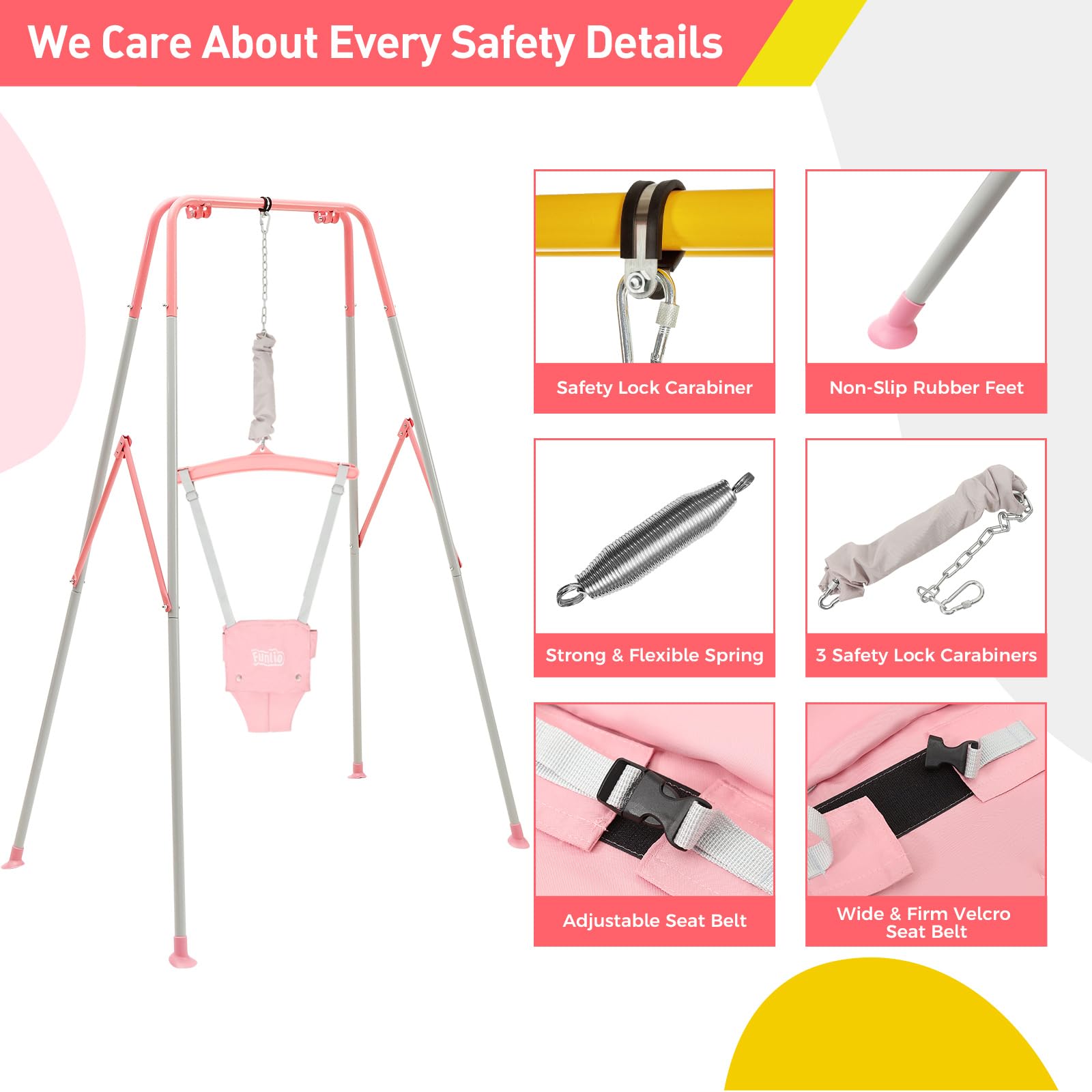 FUNLIO Baby Jumper with Stand for 6-24 Months, Infant Jumper for Indoor/Outdoor Play, Toddler Jumper for Baby Girl/Boy, with Adjustable Chain, Easy to Assemble & Store (with Stand) - Pink