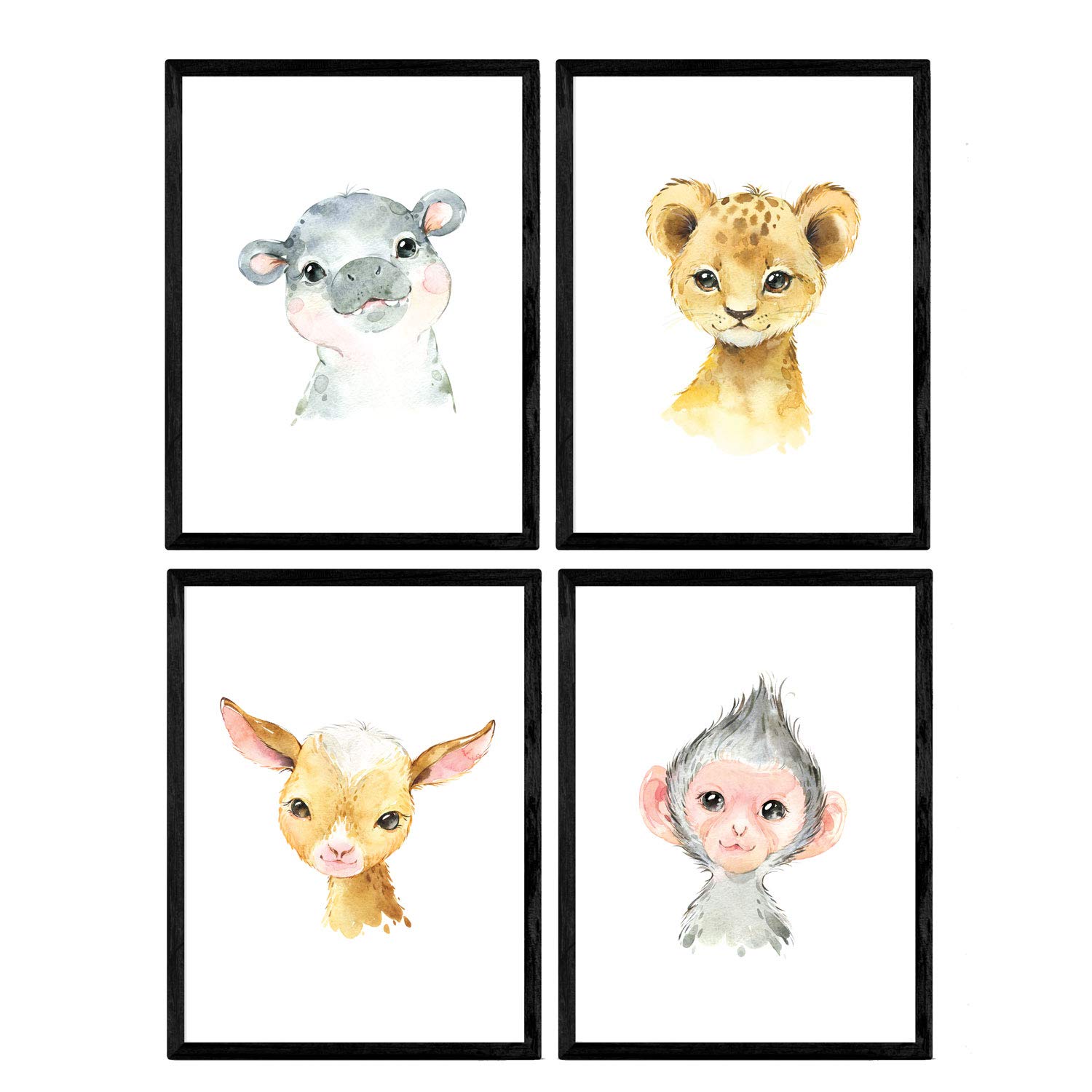 Nacnic Pack of four sheets with illustrations of animals. Posters with children's animal pictures. Leon monkey hippo and goat. A3 size unframed