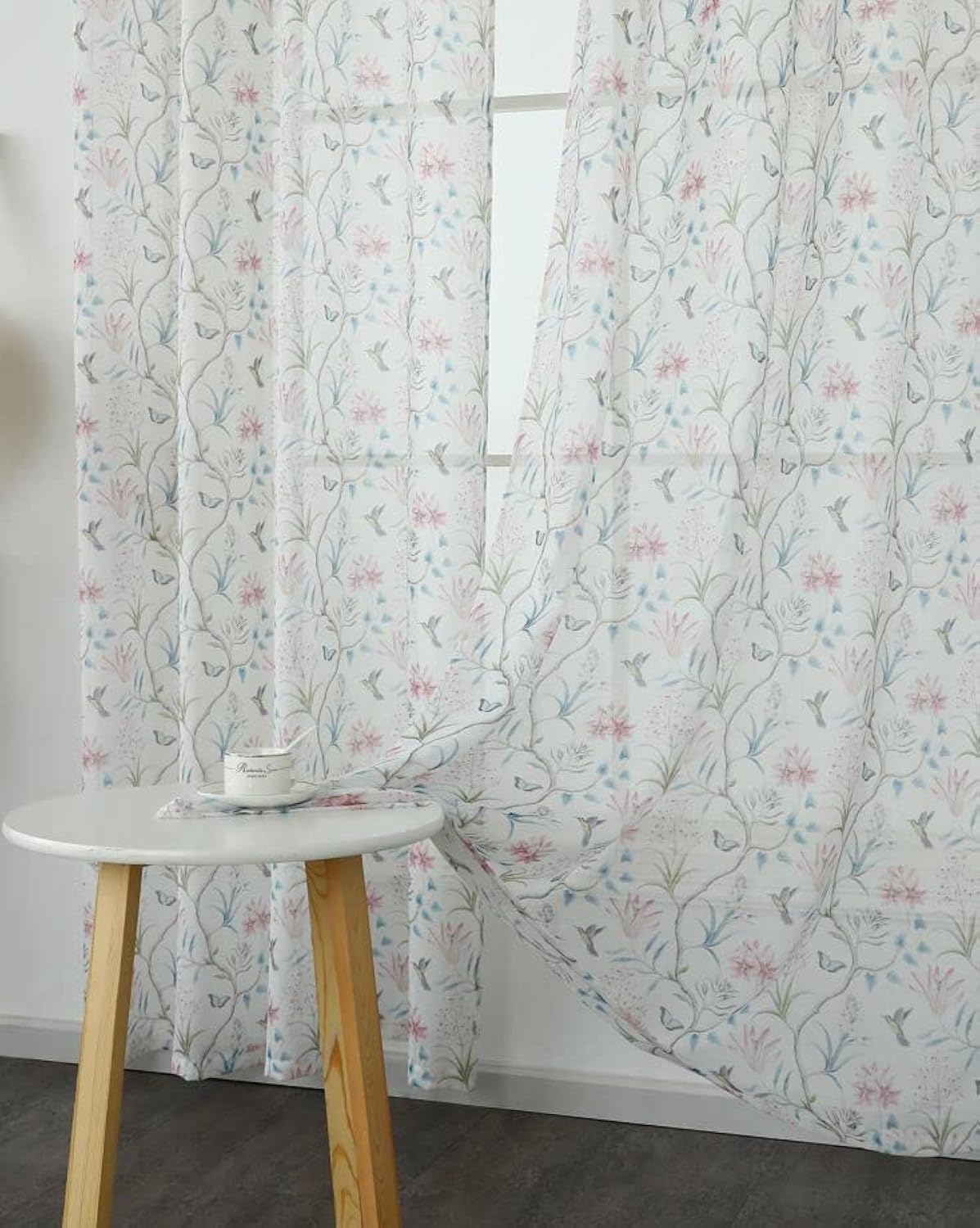 1 Pair Of Humming Bird Butterfly Floral Design Slot Top White Voile Panels - 55" (140cm) x 60" (152cm) Drop