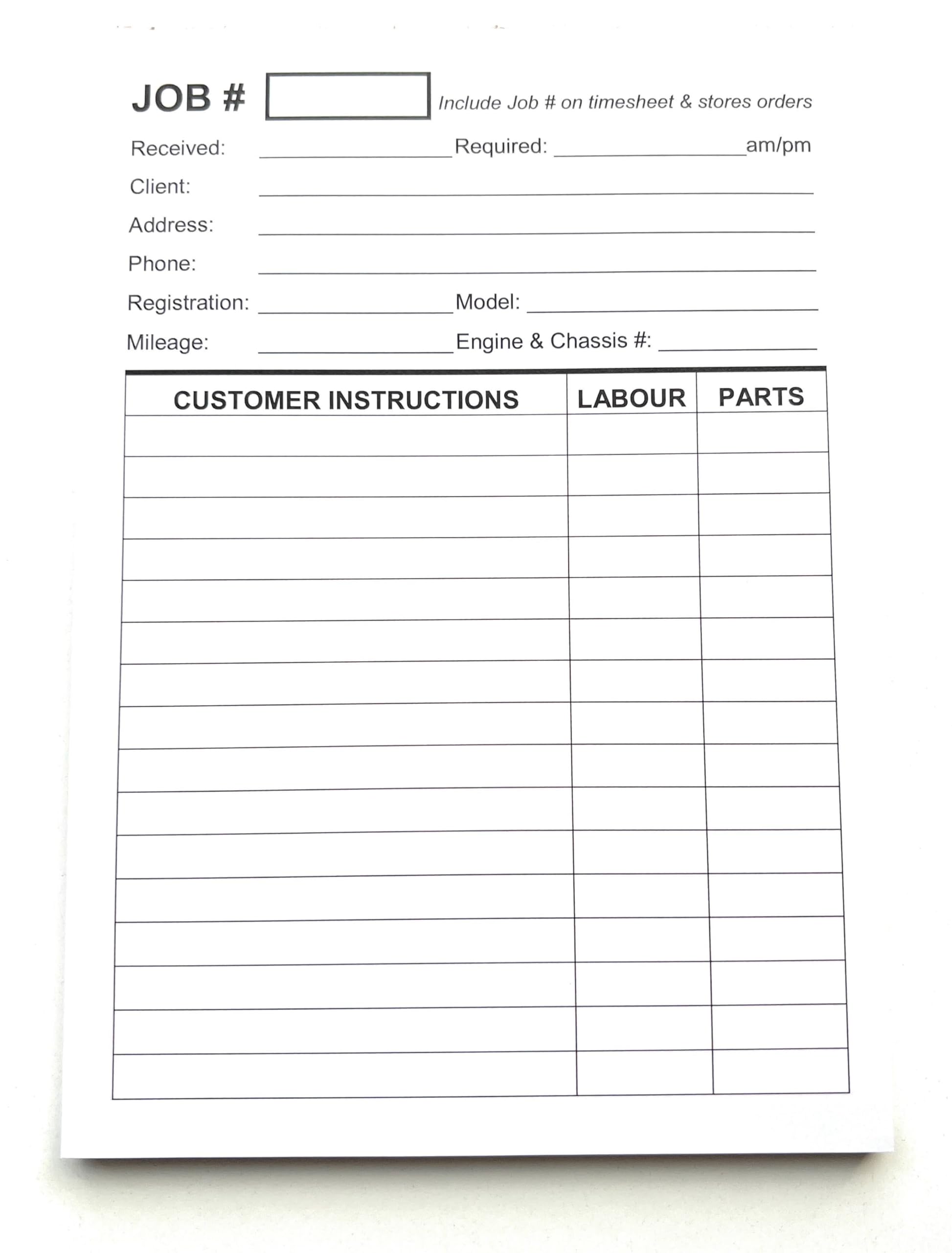 Repair Job Cards x100 - Garage Workshop Job Costing Sheets Jumbo Pad of MOT Two Sided - 100 Cards