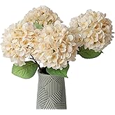 mizii 4Pcs Beige Artificial Hydrangea Flowers Large Fake Silk Hydrangea Flower with Leaves Stems Realistic Faux Hydrangeas Decorations for Wedding Table Centerpieces Vase Home Decor (Beige)