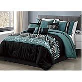 WPM WORLD PRODUCTS MART 7 Piece Western Southwestern Native American Design Comforter Set Teal Green White Multicolor Embroidered Queen Size Bed in a Bag Navajo Print Bedding Set (22307, Queen)