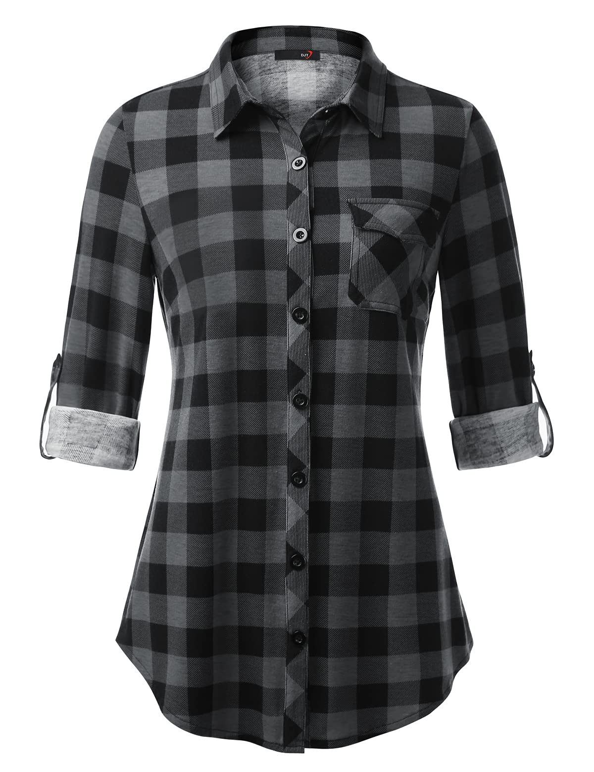 DJT Womens Button Down Shirts Fall Tops Soft Knitted Stretchy Roll Up Long Sleeve Dressy Casual Shirt Work Blouse Top X-Large Black Plaid Image
