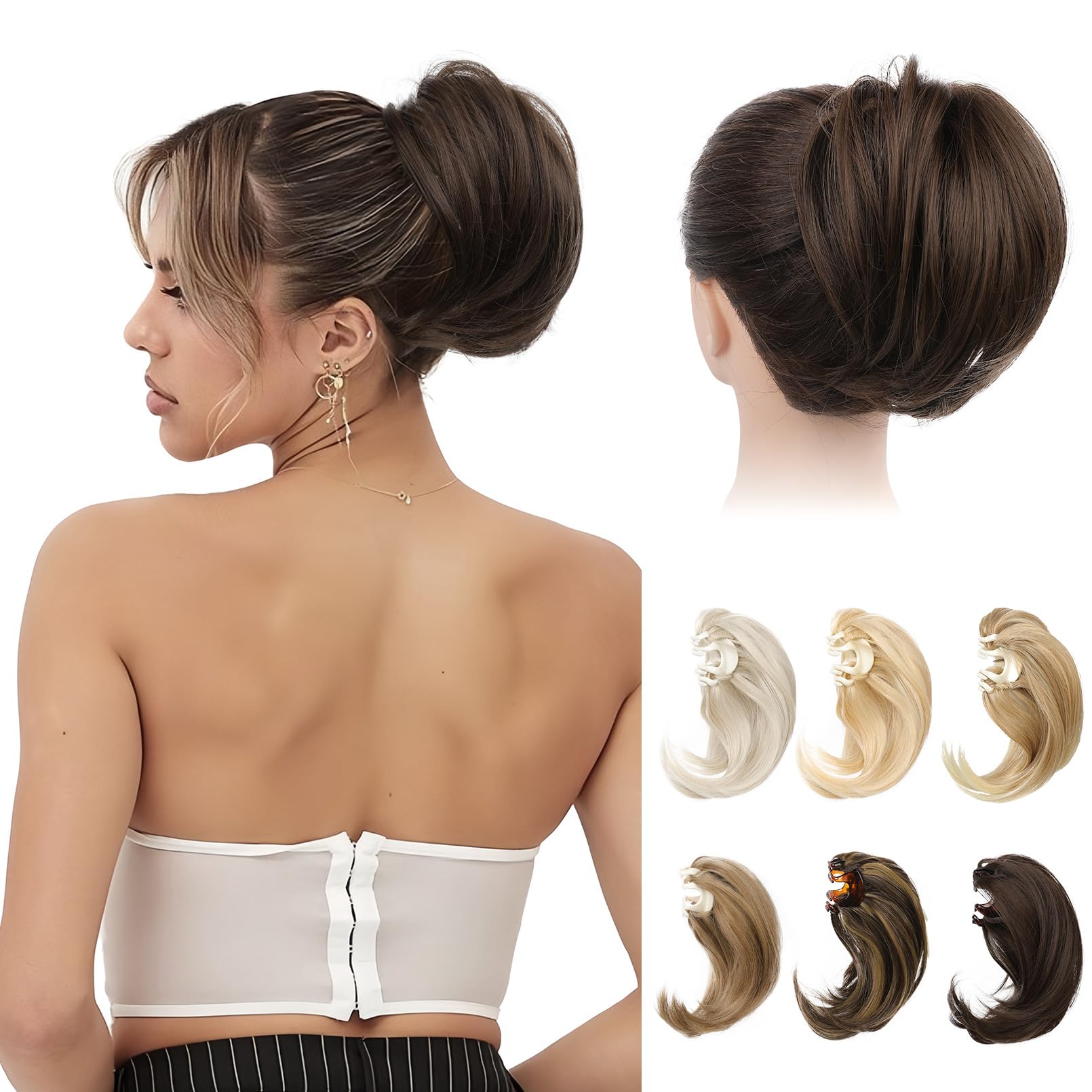 Photo 1 of REECHO Ponytail Extension, 7" Mini Claw Clip in Ponytail Hair Extensions Short Natural Straight Wavy Messy Bun Hair Pieces for Women with Short Thin Hair - Medium Brown