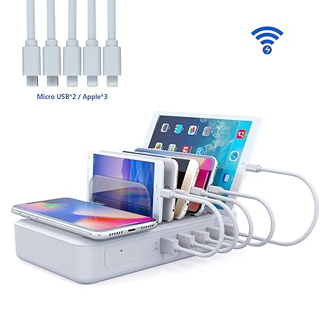 YOJA Kabellos Ladestation Mehrere Geräte Wireless Charger 5 Port USB Charging Station Multi Ladestation Handy Tablet mit Kabe