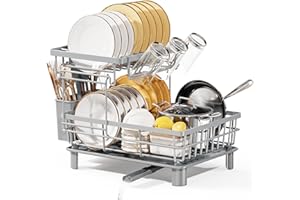 LIONONLY Dish Drying Rack, 2 Tier Dish Drying Rack with 360° Swivel Spout, Dish Racks for Kitchen Counter, Kitchen Dish Drain