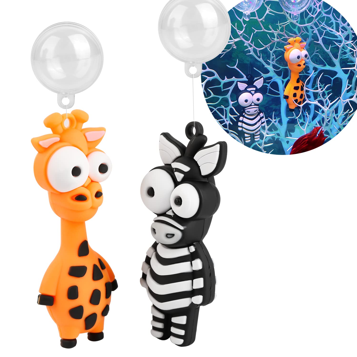 Abizoo Floating Aquarium Decoration - Zebra Giraffe Diver Funny Fish Tank Ornament Set, Fish Accessories Cartoon Decor Toys - 2 Pieces