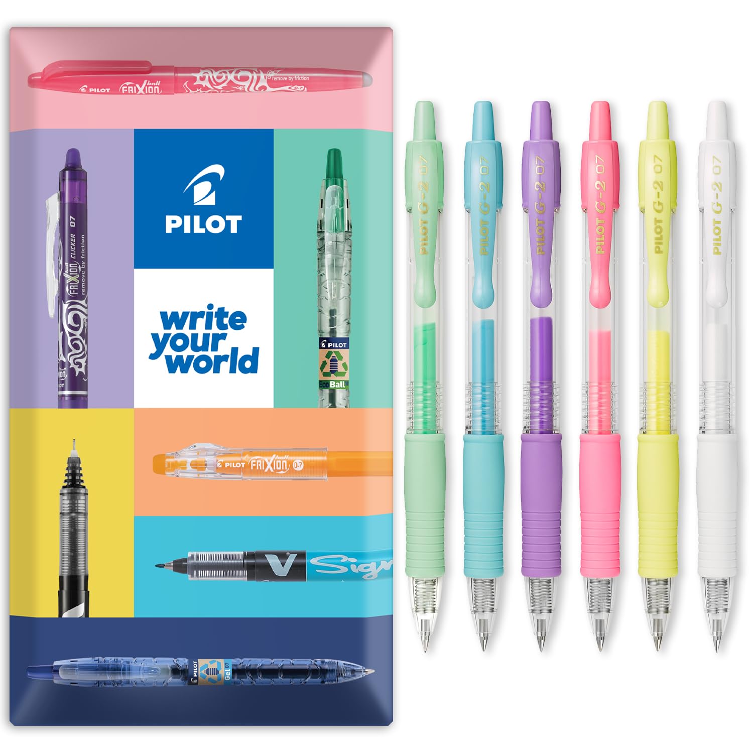Pilot Pen G2 07 Assorted Colour Pack Fine Retractable Gel Ink Pen Rollerball Pen 0.7mm Nib Tip 0.39mm Line Width Refillable BL-G2-7 (1 Pastel - 6 Pens)