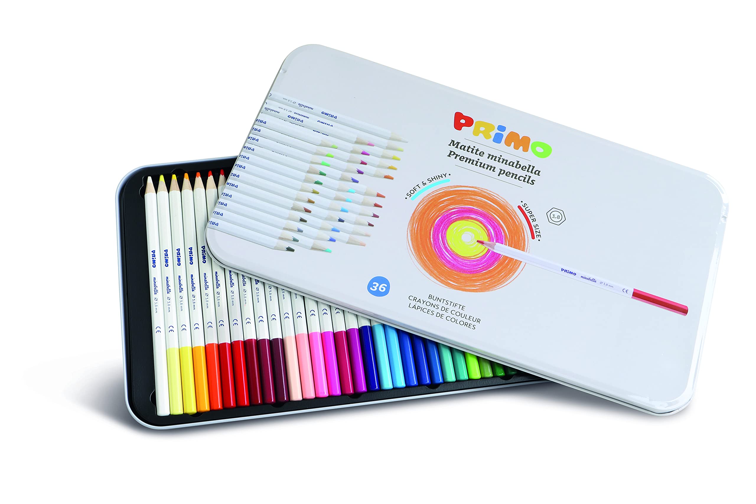 Morocolor PRIMO, Minabella colored pencils, 36 lacquered hexagonal colored crayons, colored pencils for children top quality diameter Ø 3.8mm, colored pencils in metal box, Made in Italy