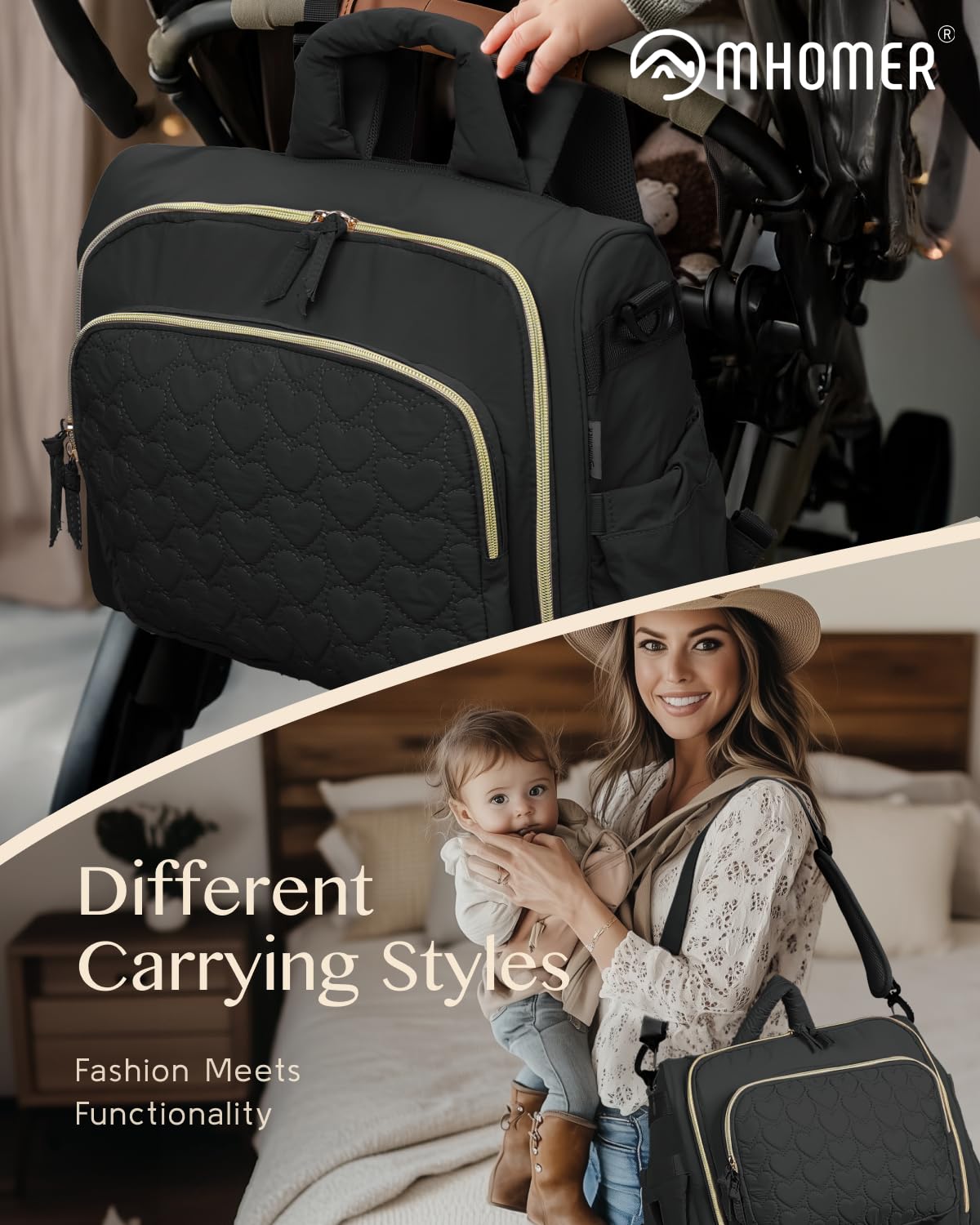 MHOMER Diaper Bag Backpack Puffer Lightweight 3 in 1 Wide Open Small Diaper Bag Tote for Travel with Changing Pad Shoulder Straps, Black