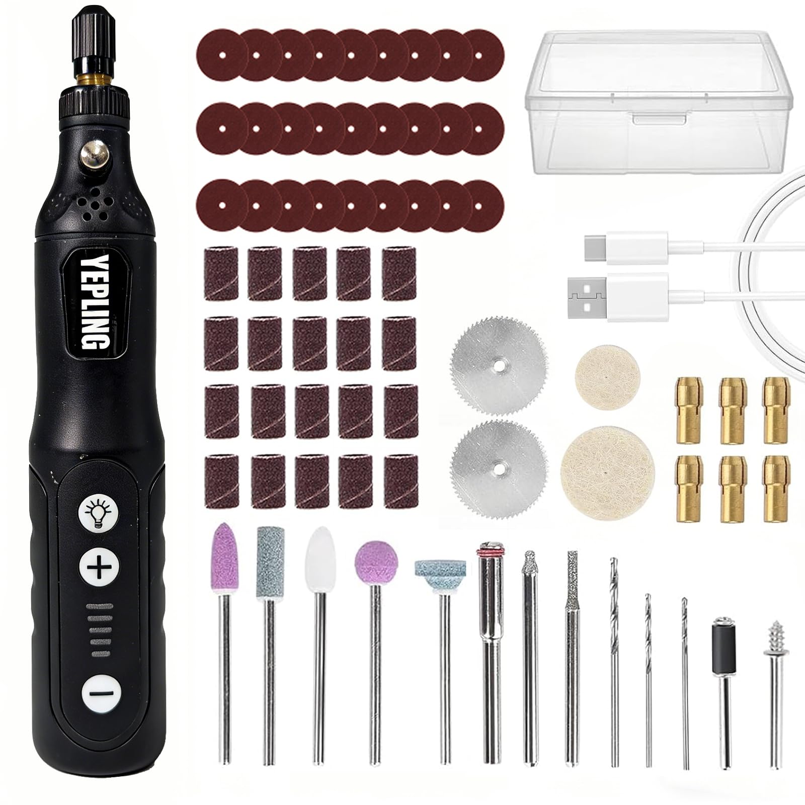 YEPLING Cordless Rotary Tool, 3.7V Li-ion Electric DIY Mini Grinder Kit with Front LED Work Light, 5 Variable Speed, 72pcs Accessories USB Charging Multi-Tool Perfect for Nail Polishing