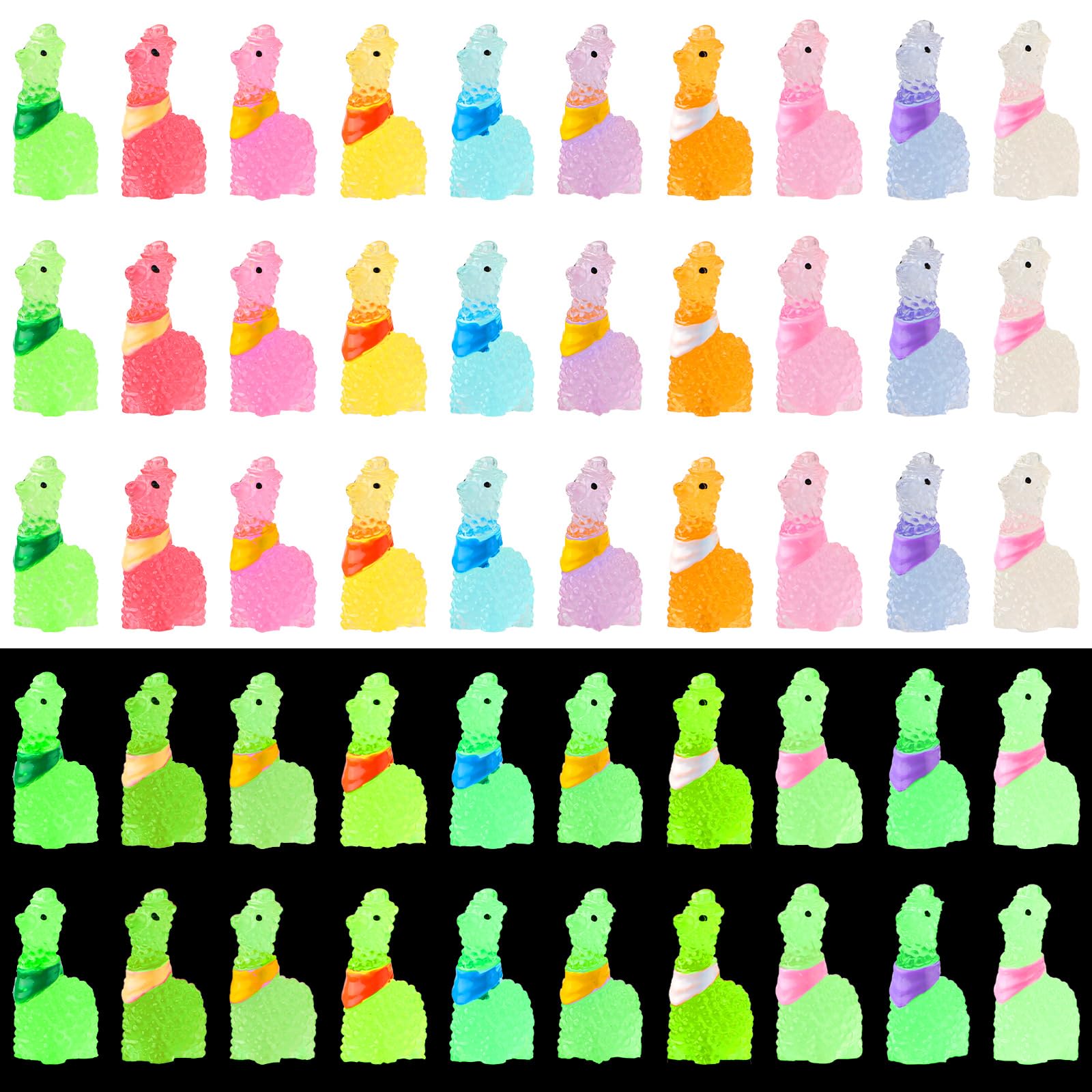PEUTIER 50pcs Resin Miniature Alpaca, 1.46 x 0.83 x 0.59 Inch Tiny Alpaca Statue Animal Statue Luminous Mini Animal Figure for Mini Garden Landscape Aquarium Decoration (10 Colors)