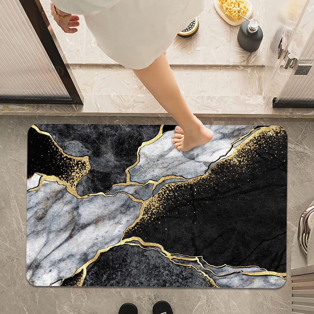 Photo 1 of Bath Mat Rug,Black White Gray and Gold Marble Non-Slip Super Absorbent Quick Drying Bathroom Floor Mat,Fit Under Door,Easy to Clean,Shower Rug for Shower Sink Bathtub24 x36