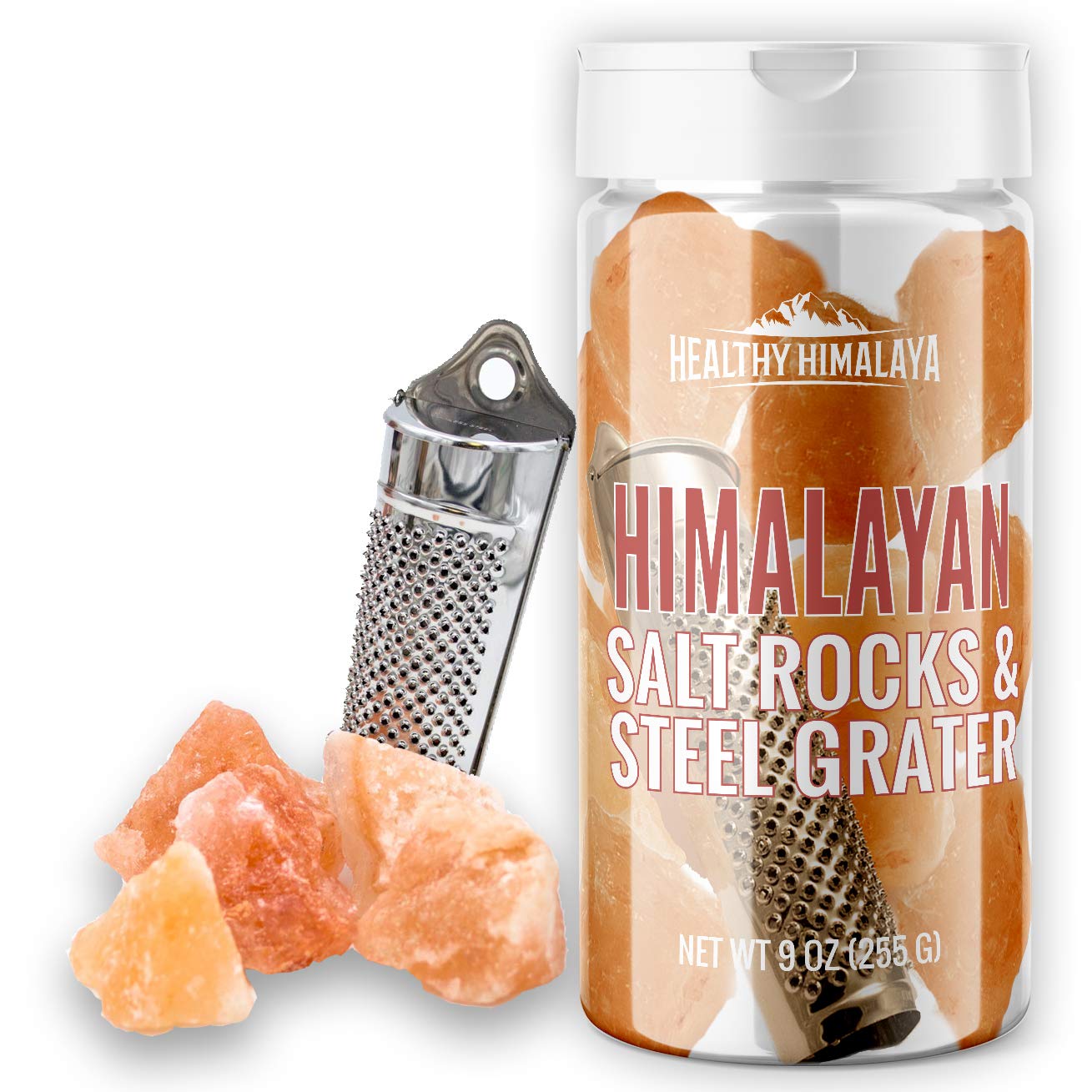 Premium Himalayan Pink Salt Rocks & Steel Grater in Gift Box - Unrefined, All-Natural, Pure, Food Grade Salt Chunks from the Himalayas (9 oz.) - Gluten-Free, No MSG, Non-GMO