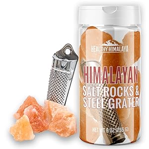 Premium Himalayan Pink Salt Rocks & Steel Grater in Gift Box - Unrefined, All-Natural, Pure, Food Grade Salt Chunks from the Himalayas (9 oz.) - Gluten-Free, No MSG, Non-GMO
