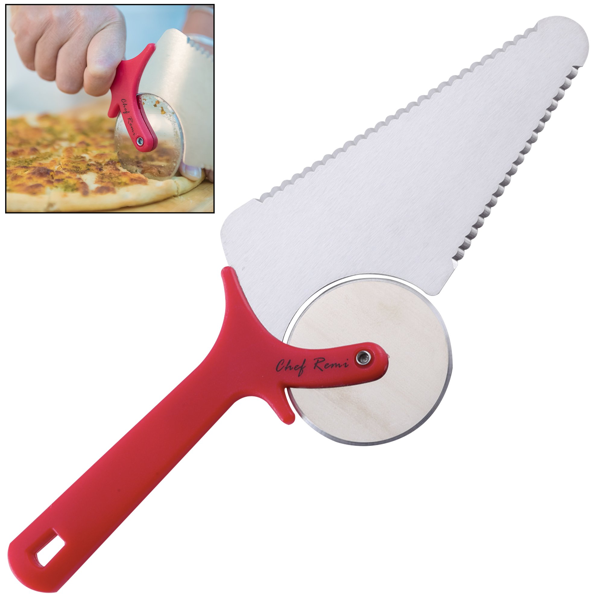 Chef Remi Pizza Cutter | Stainless Steel Pizza Wheel -Serrated Blade and Spatula