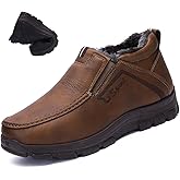 Lossarye Men's Slip-On Winter Snow Boots Warm Fur Lined Casual Non-Slip Outdoors Leather Booties Cozy Walking Loafers