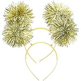 VICASKY Gold Hair Tinsel Pom Poms Headband: Shed-Resistant Foil Strips Party Decorations Head Bopper Accessories for Birthday Cosplay Kids Women 2Pcs