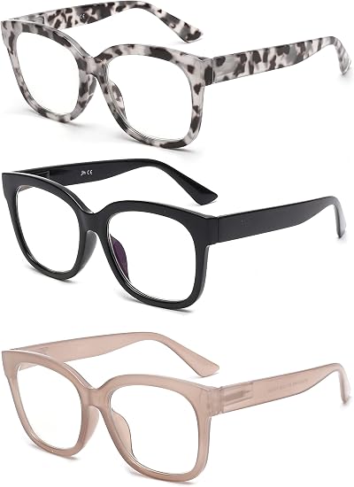 JM 3 Pack Oversized Reading Glasses Blue Light Blocking +4.0 Women Spring Hinge