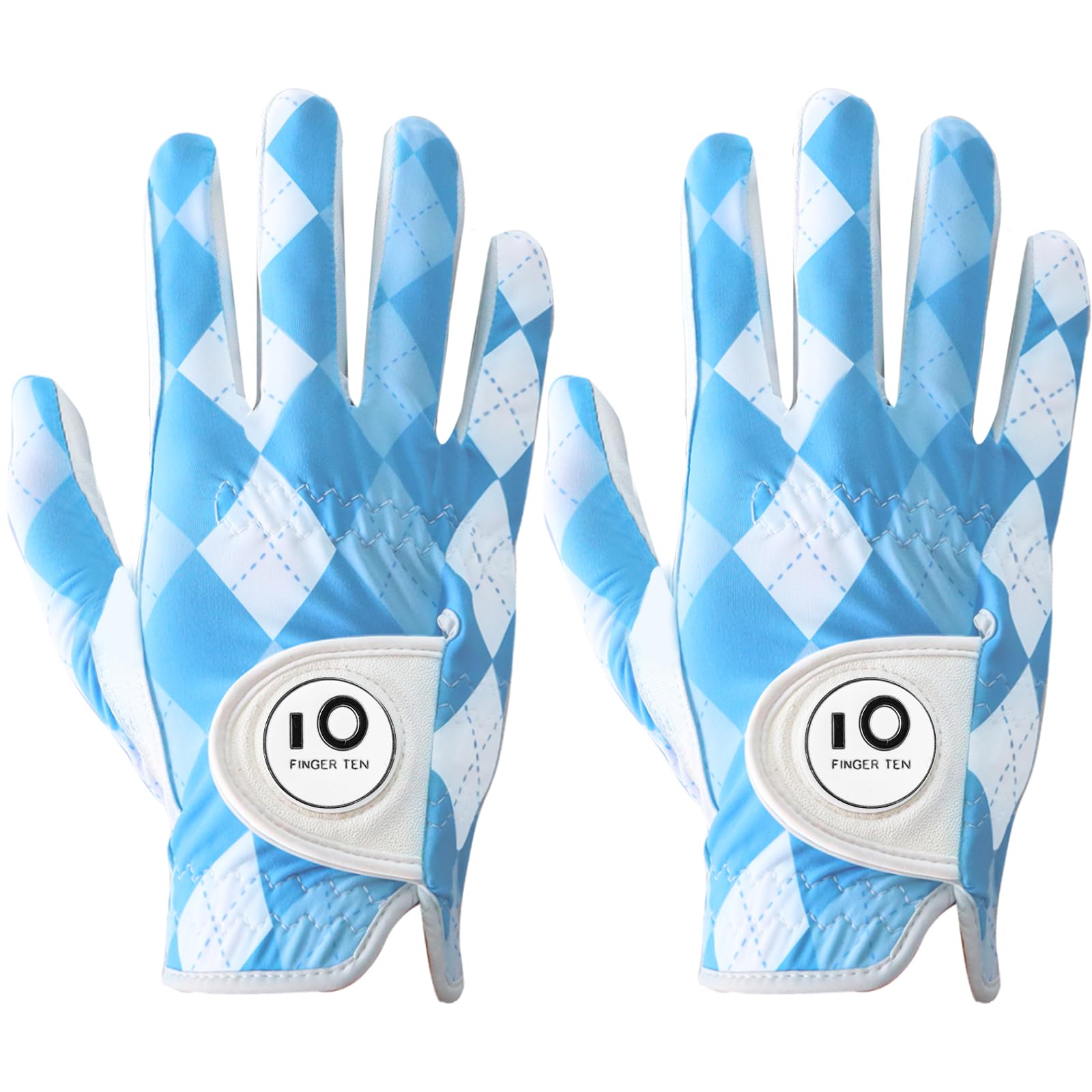FINGER TEN Golf Gloves Men Right Hand Leather With Ball Marker Printed Grip Value 2 Pack, Mens Golf Glove All Weather Durable Weathersof (M/Large, Worn on Right Hand- Lattice)