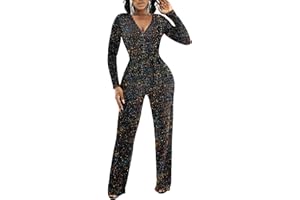 LightlyKiss Women Casual V Neck Sparkly Jumpsuits Long Sleeve Onesie Loose Pants Party Clubwear with Belt