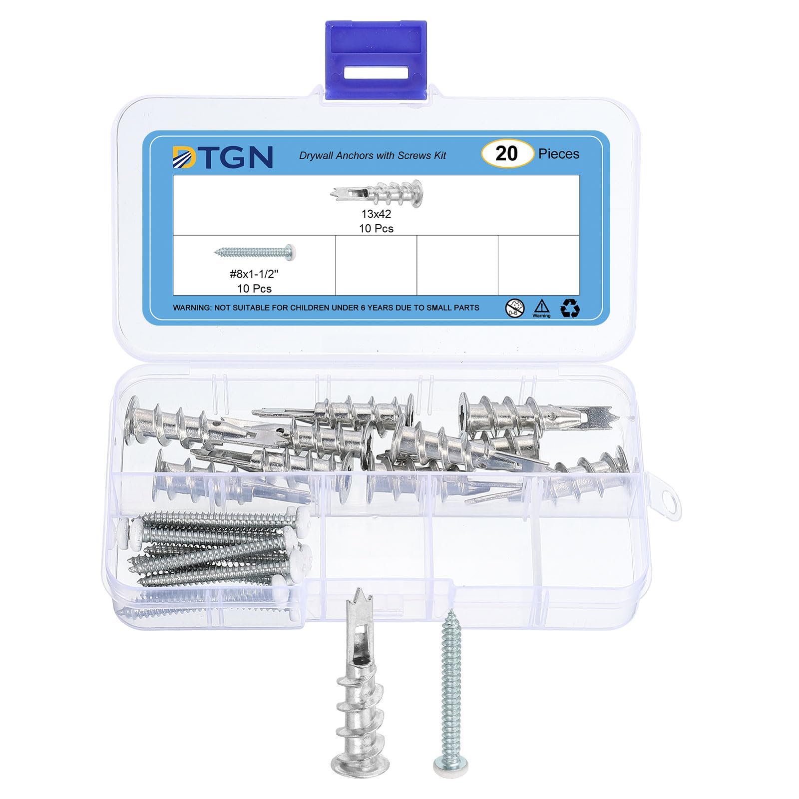 DTGN 13x42mm Self-Drilling Drywall Anchors with Screws Kit - 10 Set - Good for Concrete Tile Cement - Zinc Alloy Hollow Wall Anchors Kit with Screws