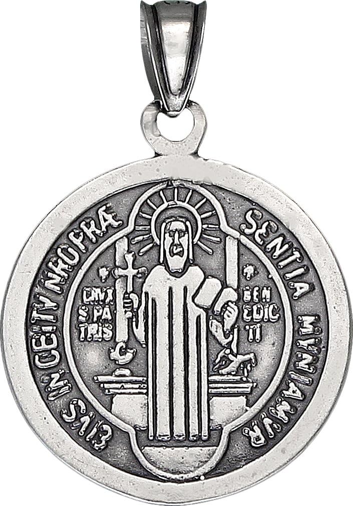 eJewelryPlusSterling Silver Saint Benedict Medal Reversible Charm Pendant Necklace with Chain