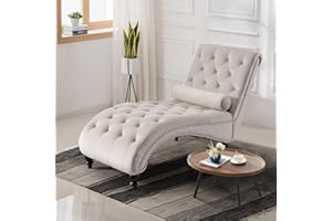 JEEOHEY Chaise Lounge Chair Indoor, Modern Button Tufted Velvet Upholstered Leisure Accent Chair with Solid Wood Legs & Lumbar Pillow, Recliner Sofa Single Sleeper Sofa for Living Room, Bedroom, Beige