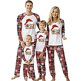 YGOODM Christmas Family Pajamas Christmas Matching Sets Hat Print Top and Paild Bottom Pjs