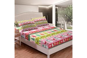 FEELYOU Cartoon Christmas Fitted Sheet for Kids Boys Girls Santa Claus Snowman Bedding Set Pink Xmas Theme Bed Sheet Set Bedroom Decor Christmas Tree Bed Cover Twin Size 2Pcs