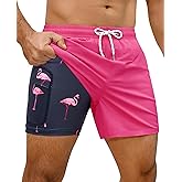 Gleeease 7inch Mens Swim Trunks: 2 in 1 with Compression Liner Stretch Quick Dry Drawstring Shark Pockets Beach Pool Vacation