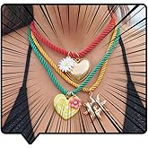 Doubnine Summer Beach Layered Necklace with Colorful Rope Cords, Heart and Sun Charms, Daisy Pendant Necklace Set of 3