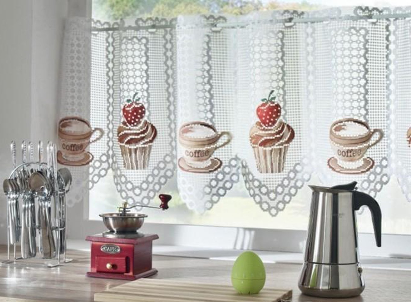 MforStyle White Cafe Net Curtain Coffee Cupcake Sold by the metre. Drop
