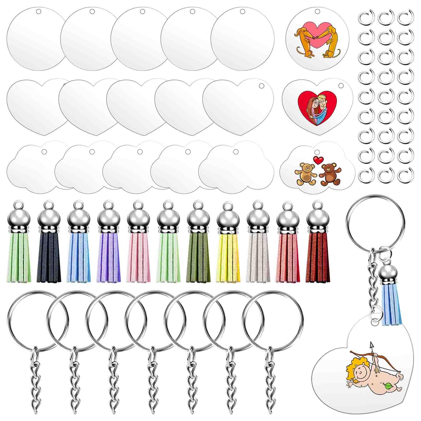 Swpeet 135Pcs Silver Acrylic Keychain Blanks Kit, Acrylic Blank Keychains, Clear Keychain Blanks, Include 35Pcs Keychain Rings, 35Pcs Keychain Tassles, 35Pcs Jump Rings, 30Pcs Acrylic Blanks