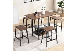 VANCIKI 5-Piece Bar Table and Chairs Set for 4, Industrial Counter Height Bar Table with 4 Stools, Kitchen Dining Table Set with Shelves, Wine and Goblet Holder, Brown (39.4 INCH, Rectangular)