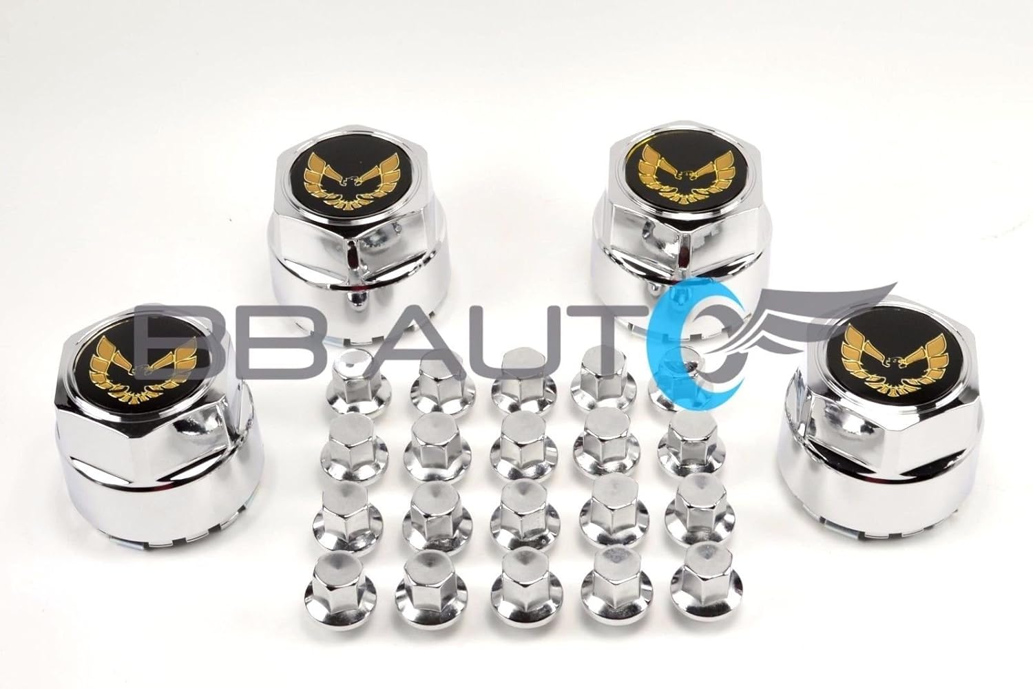 BB Auto 77-81 Pontiac Firebird Trans Am Formula Gold Bird Snowflake Turbo Aluminum Wheel Hub Center Caps with Metal Clip Plus 20 Chrome Lug Nuts