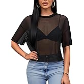 Remidoo Womens Sheer Mesh Tops Short Sleeve Crop Top Crewneck Loose T Shirt