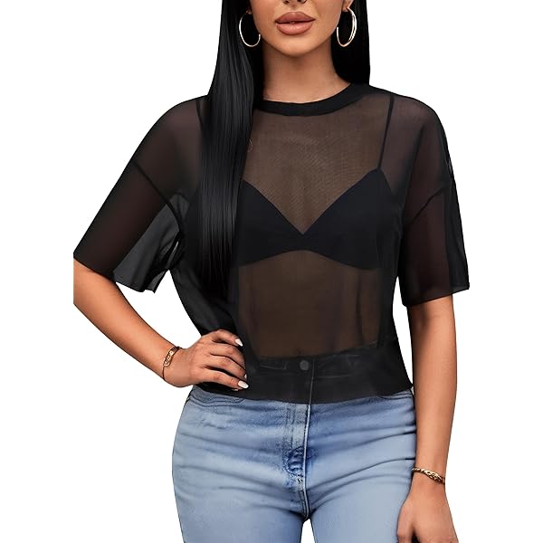 トップス AMOMENTO SHEER VOLUME CROP TOP LOFAAC Women Sexy Mesh Sheer See Through Long Sleeve Crop Tops