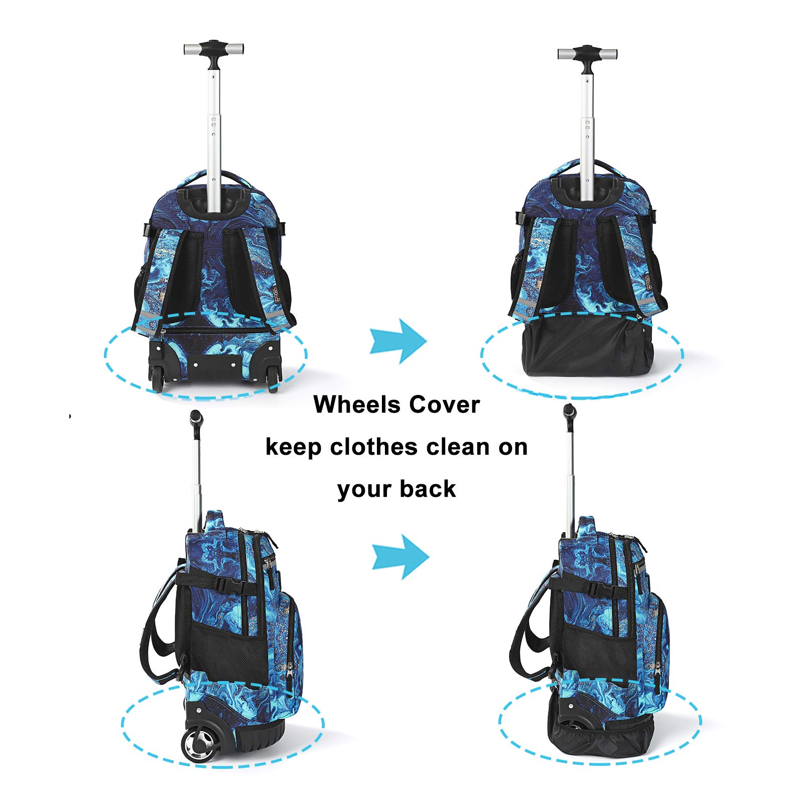 Tilami Rolling Backpack 18 inch Wheeled Laptop Backpack School College Student Travel Trip Boys and Girls (Blue Wave)