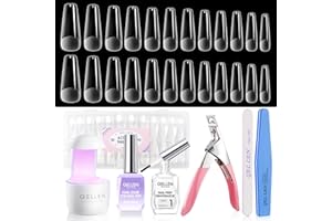 Gellen Nail Tips and Glue Gel Kit, 504Pcs Coffin Shape Half Matte Nail Tips, 7 in 1 Gel Nail Glue, Nail Dehydrator, Uv Led Lamp, Nail Clipper & Files, DIY Nails Art Manicure Gift