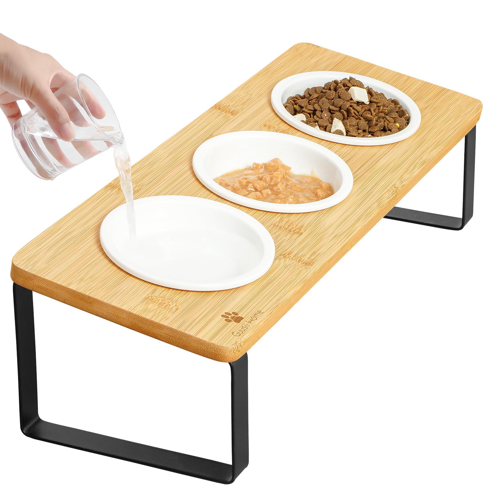 Photo 1 of Sunhoo Raised Cat Food Water Bowl Elevated Tilted Kitty Dishes Set of 3 Ceramic Dish for Indoor Cats Orthopedic Pet Food Stand Reduces Vomiting 3 Bowl Cat Feeder Easy Assembly(Wood Color)