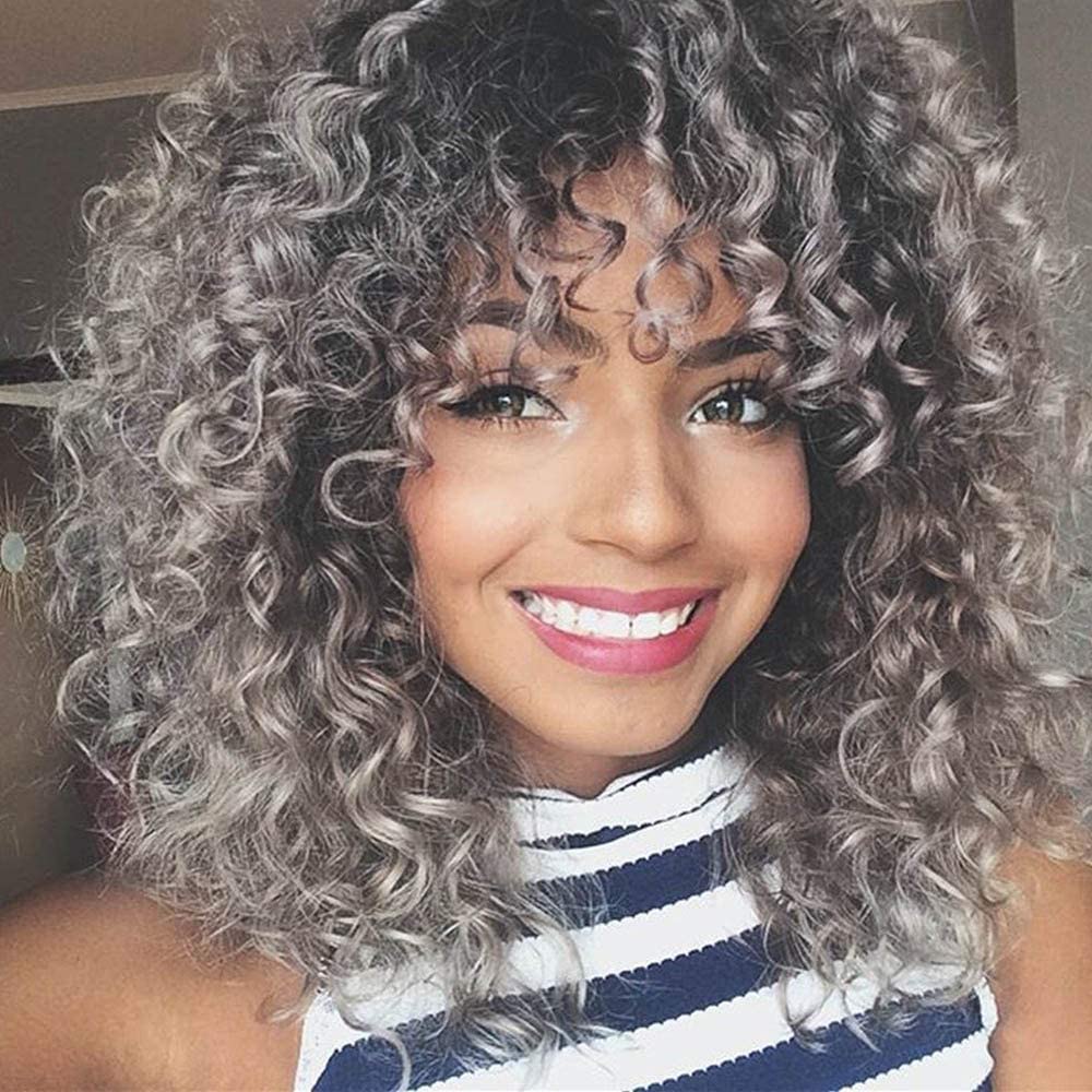 Jodiss Short Curly Grey Wig Afro Kinky Wigs for Black Women Synthetic Heat Resistant Fluffy Wigs Soft Bouncy Curls Hair Wig (Color-2)