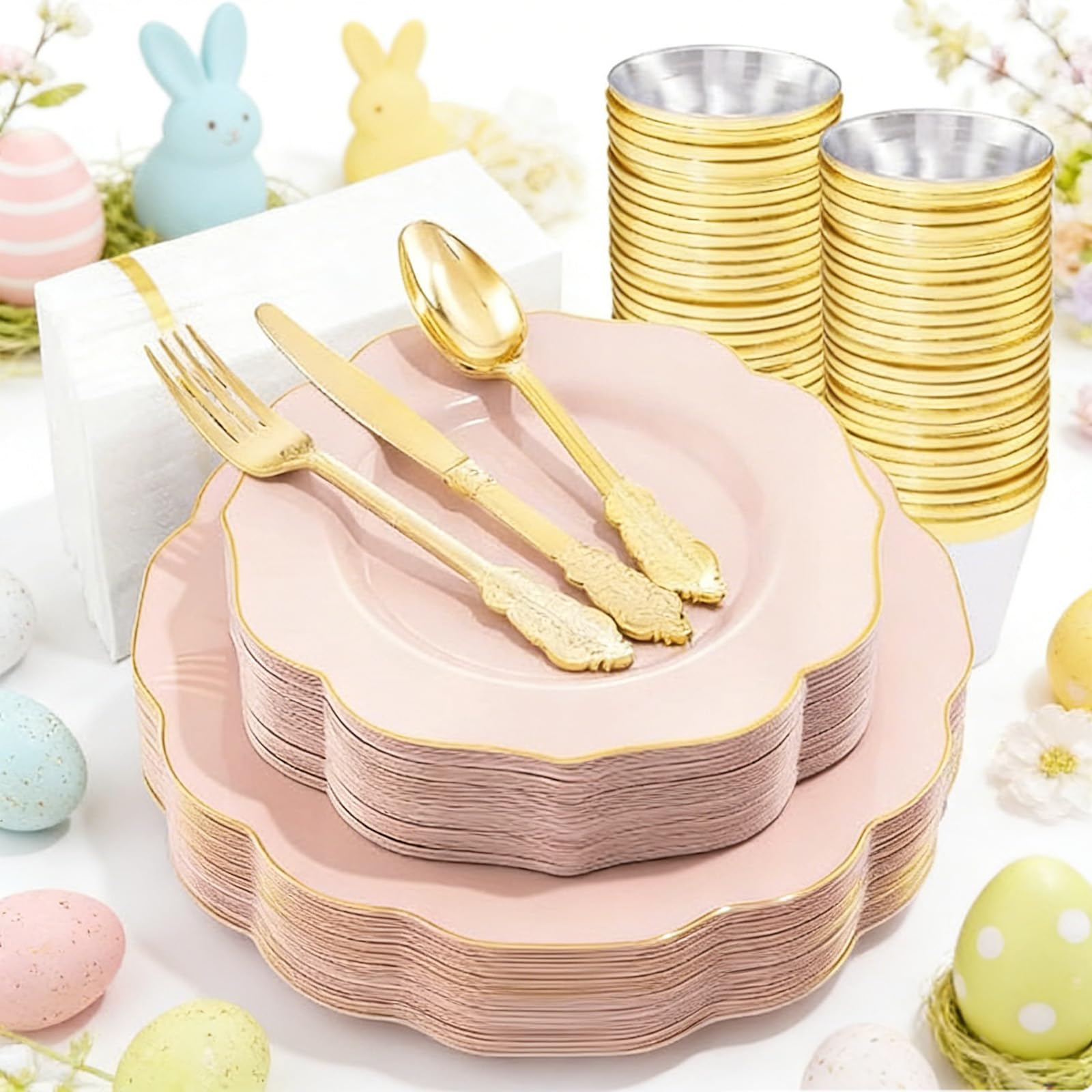 Photo 1 of NOCCUR 175PCS Pink Plates with Gold Disposable Silverware - Include 50 Pink Plastic Plates,25 Knives,25 Forks,25 Spoons,25 Cups and 25 Napkins - Ideal for Party/Wedding/Easter Day