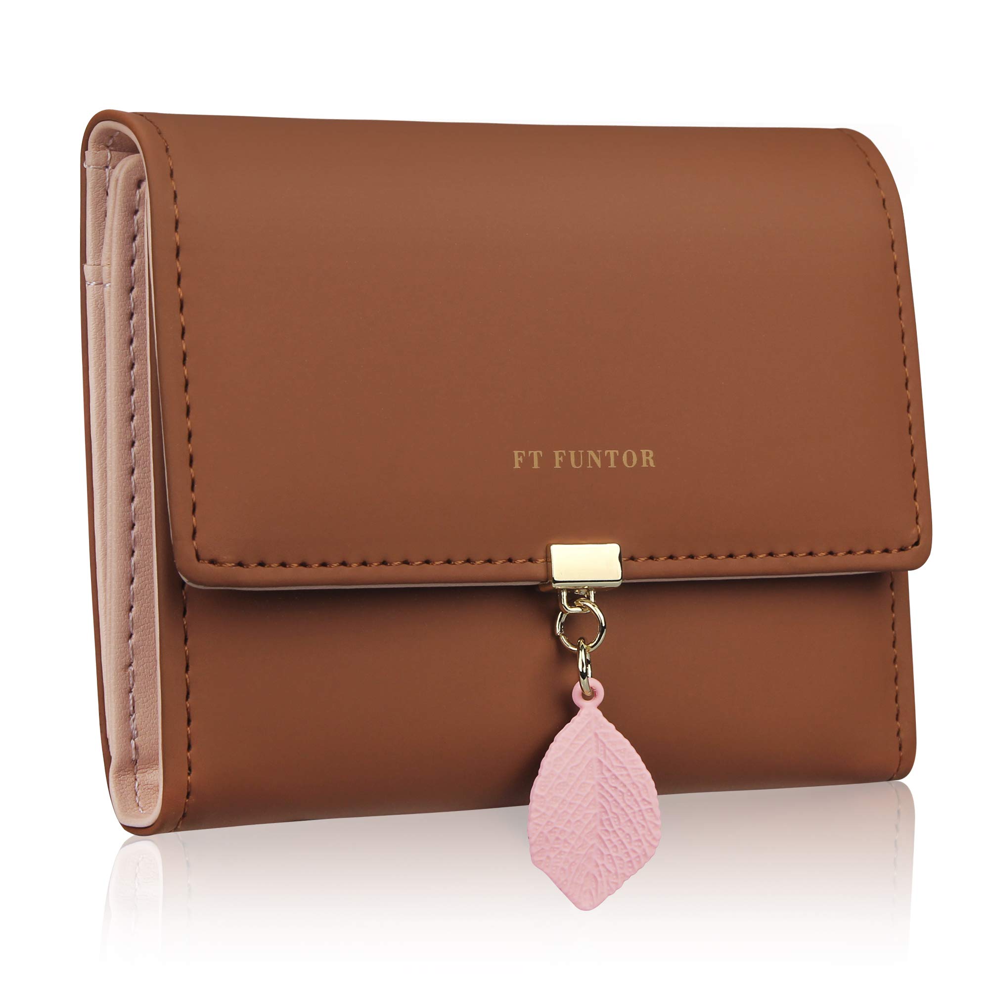 FT FUNTOR PU Leather Wallet for Women RFID Blocking Ladies Leaf Pendant Coin Zipper Long Purse with Multiple Card Slots and Card Holders Phone Pocket (S-Yellowish Brown)
