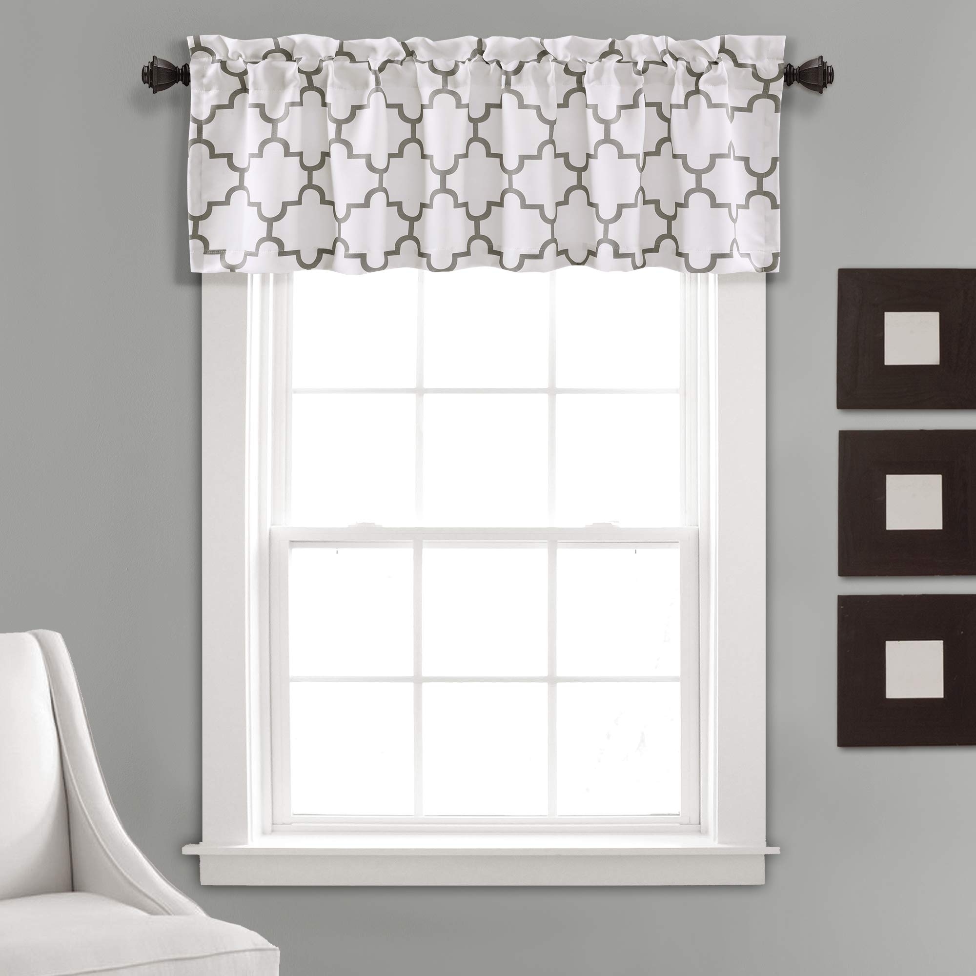 Lush Decor, Gray Bellagio Room Darkening Trellis Geometric Design Window Curtain Valance for Living, Dining, Bedroom, 52” x 18