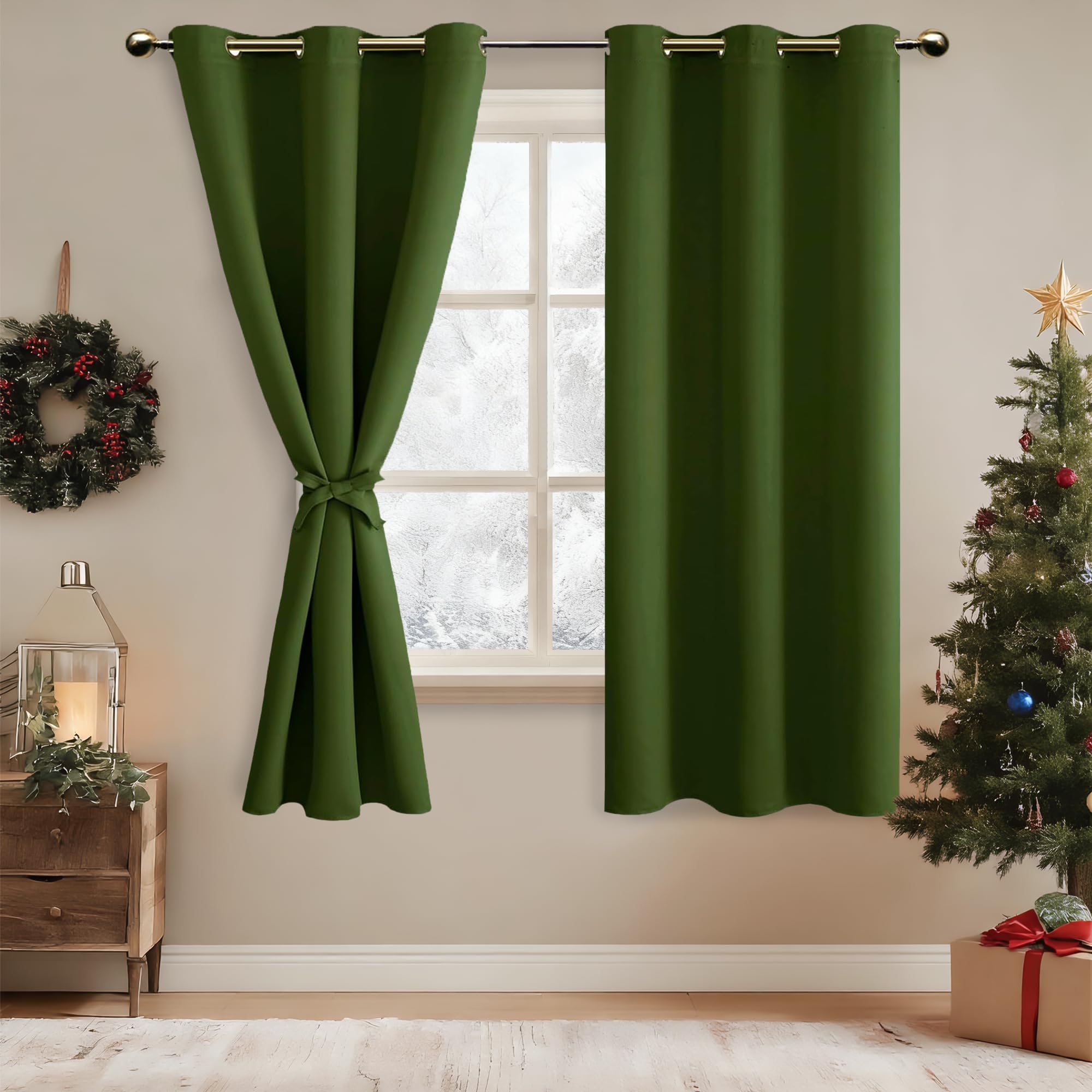 DWCN Green Blackout Curtains with Tiebacks for Bedroom Thermal Insulated Solid Eyelet Curtains for Living Room,2 Panels,46" Wide x 72" Drop — image 1