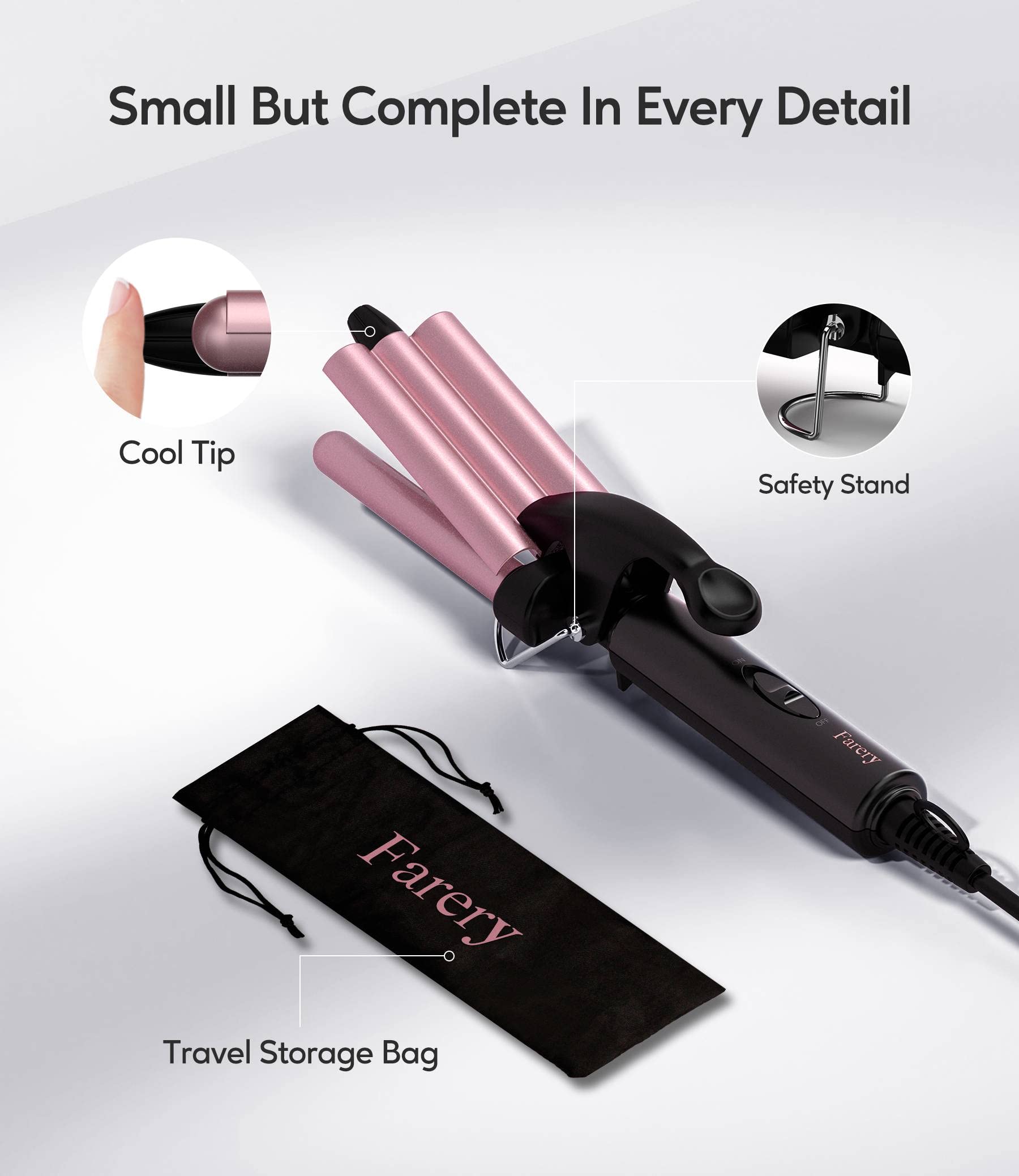 Mini Hair Crimper, 3 Barrel Curling Iron 1/2 Inch with Keratin & Argan Oil Infused, Travel Curling Iron with Dual Voltage, Pouch Bag, Beach Waves for Women, Rose Pink, HAIR IRON